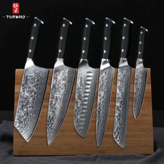 6-Pc Set Kitchen Knives, High Carbon Japanese VG10 Damascus Steel: Chef, Santoku, Cleaver, Bread, Utility, G10 Handle